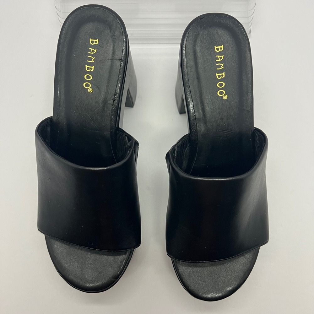 BAMBOO Platform Slide Sandals Womens 7.5 Black Chunky Block Heel Mule Y2K - Picture 2 of 10